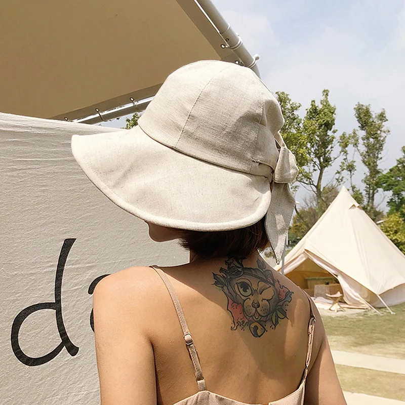 

Woman Cotton Summer Bucket Hat Sunscreen Cap Beach Outdoor Panama Bowknot Foldable Sun Hat Breathable Headwear