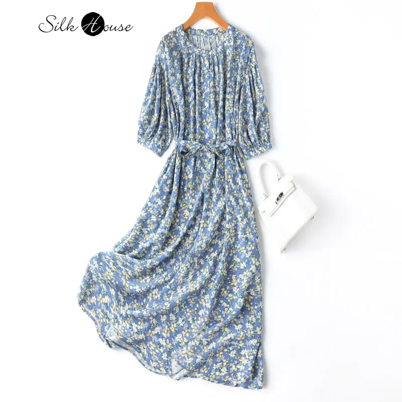 Blue Floral Silk Crepe De Chine Round Neck Drop Shoulder Lantern Sleeve Loose Medium Length Dress Holiday Style