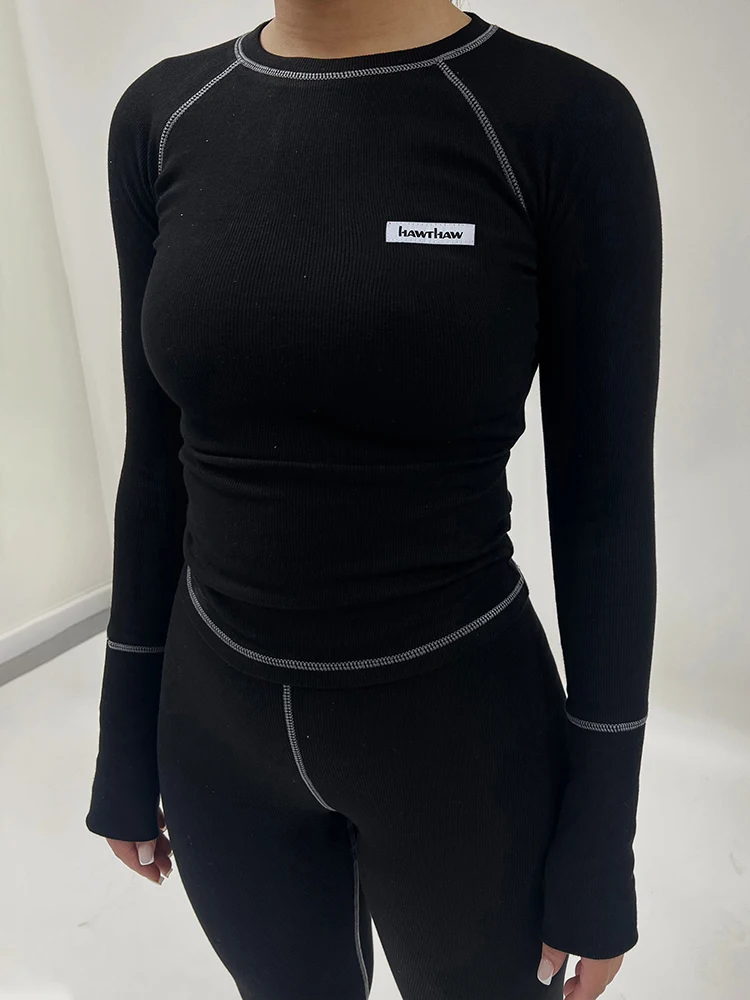 

Weird Puss Ribbed Women 2 Piece Set Tracksuit Letter Skinny Stretch Long Sleeve t-Shirt+Leggings Casual Streetwear Matching Suit