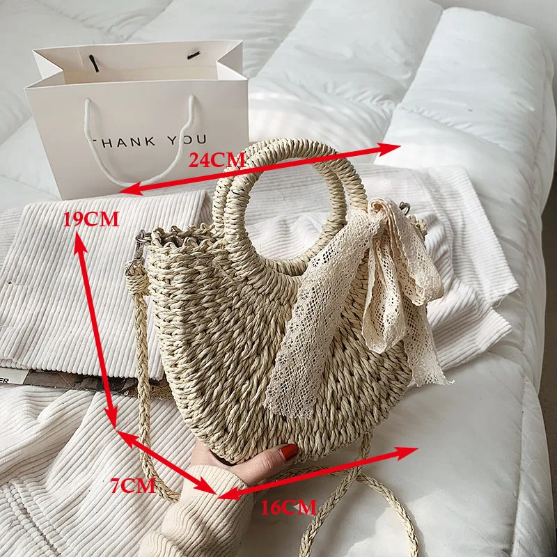Соломенная Сумка для женщин ручная плетеная в форме Луны кружевной мешок из