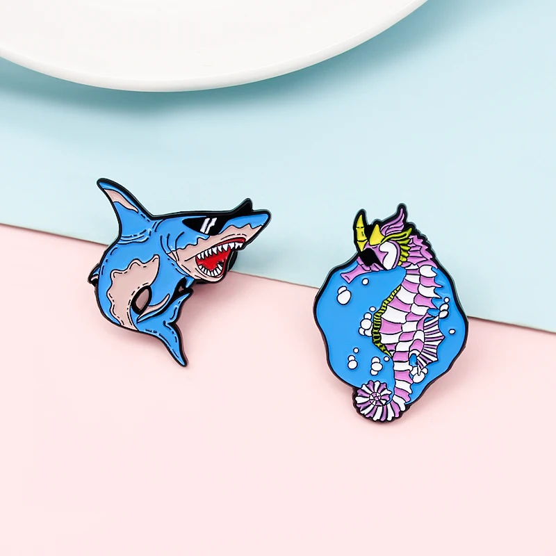 Эмалированная булавка в виде животного морской лошади акулы броши Mr Shark/Mr Seahorse