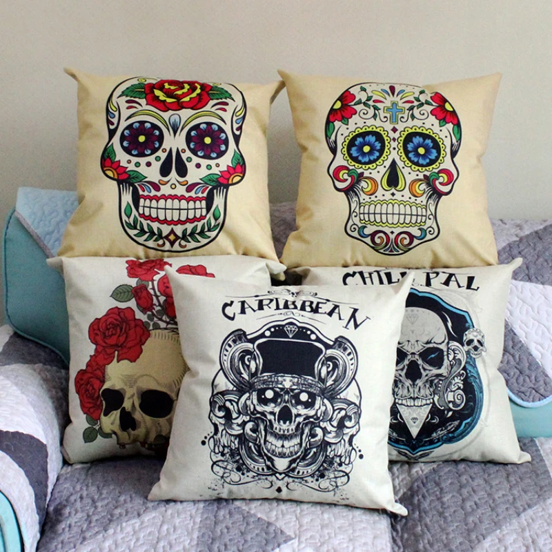 

Sugar Skull Linen Pillowcase Rose Flower Skull Pillow Case Sofa Garden Home Decor Bed Pillow Cover Bedroom Decoration Luxury