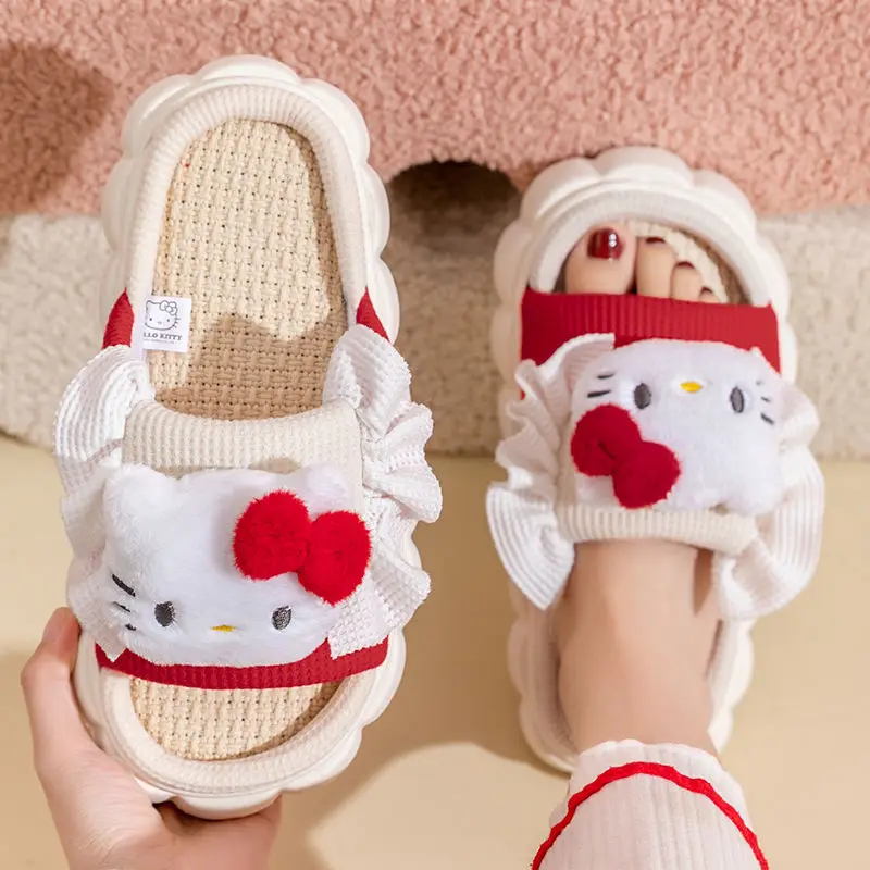 

Katie Cat Linen Slippers for Women Wearing Breathable and Non Slip Thick Soled Children's Indoor Home Slippers