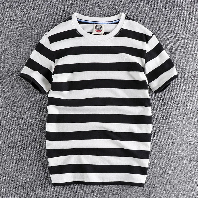 

Толстая полосатая Ретро футболка с коротким рукавом в американском стиле Мужская мягкая промытая удобная летняя Молодежная рубашка с коро...