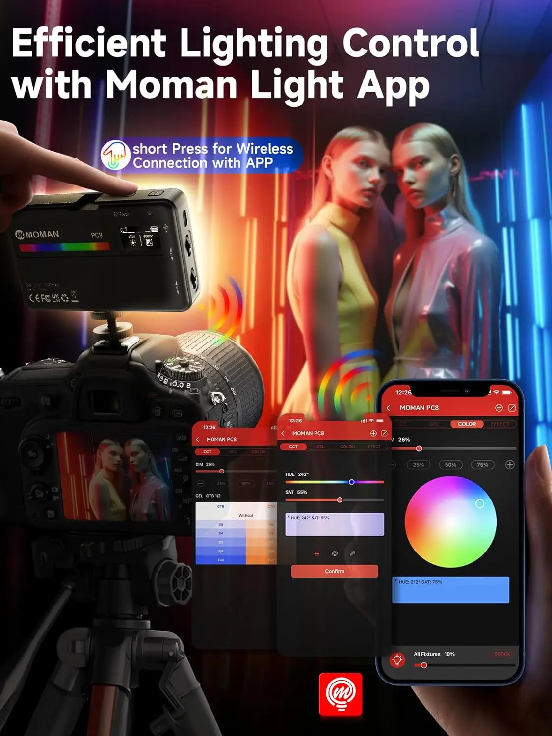 Фото Светодиодная камера Moman RGB с подсветкой для фотосъемки, приложение с беспроводным управлением 2500-9000K CRI 95+ длительный срок службы батареи для GoPro/Sony №5