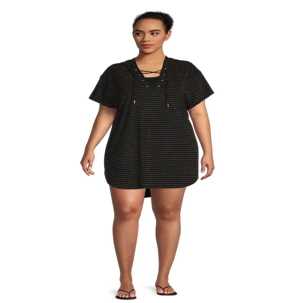 Women`s Plus Size Lurex Stripe Terry Cloth Hooded Cover Up