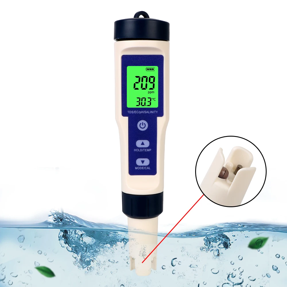 

5 in 1 PH/TDS/EC/SALT/TEMP Water Quality Detector Purity Measure Tool Temperature Hydrogen-rich Meter