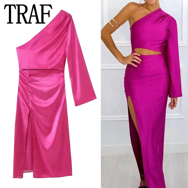 

TRAF Asymmetric Long Dresses For Women Cut Out Sexy Summer Woman Dress 2023 Ruched Off Shoulder Midi Elegant Party Dresses