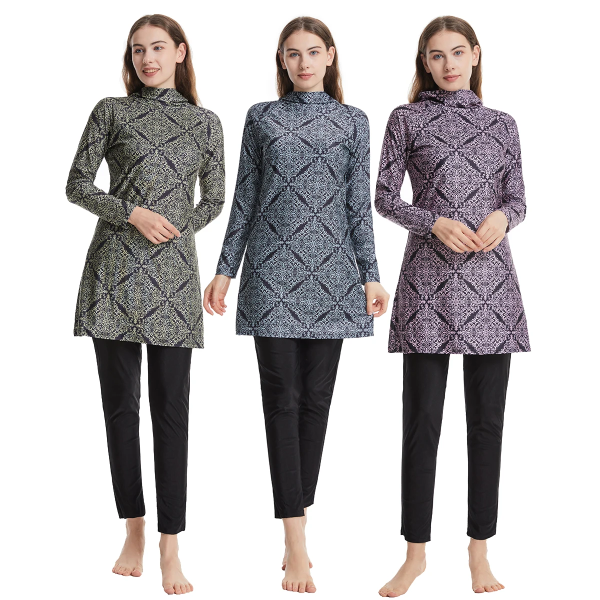 

Msulim Women Nylon Printing Long Sleeve Top Two-Piece Modest Burkinis Islamic Lady Ethnic Full Cover Swimming Swimwear Set H1018