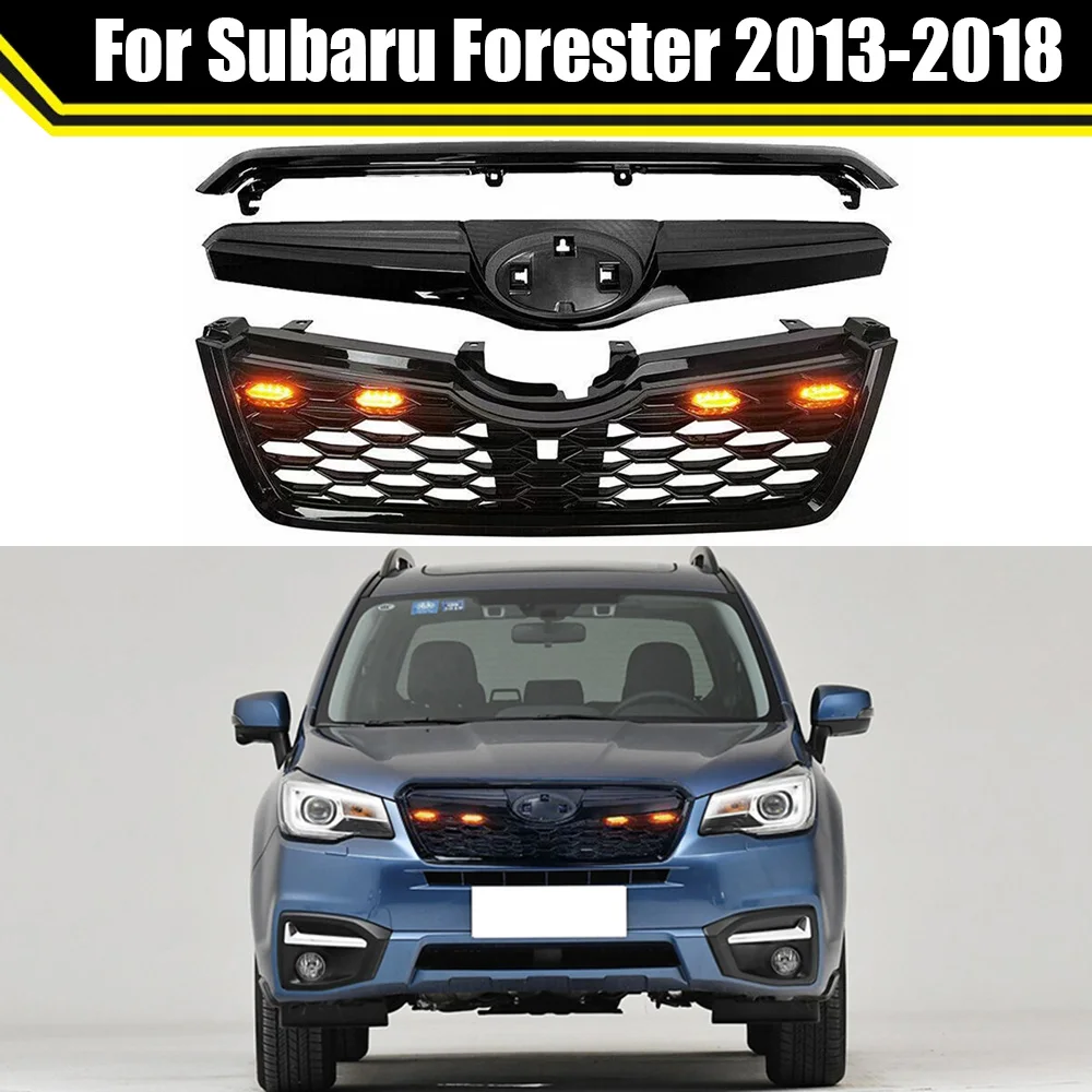 

Gloss Black ABS Sti Style Front Grill Mesh Kit W. LED Lights For Subaru Forester 2013-2018 Upper Bumper Grille Racing Grills