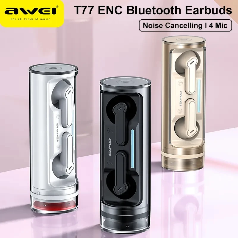 

Awei T77 ENC Wireless Bluetooth 5.3 Earphone Noise Cancelling Bluetooth Headphones with 4 Microphones Rotating Charging Case