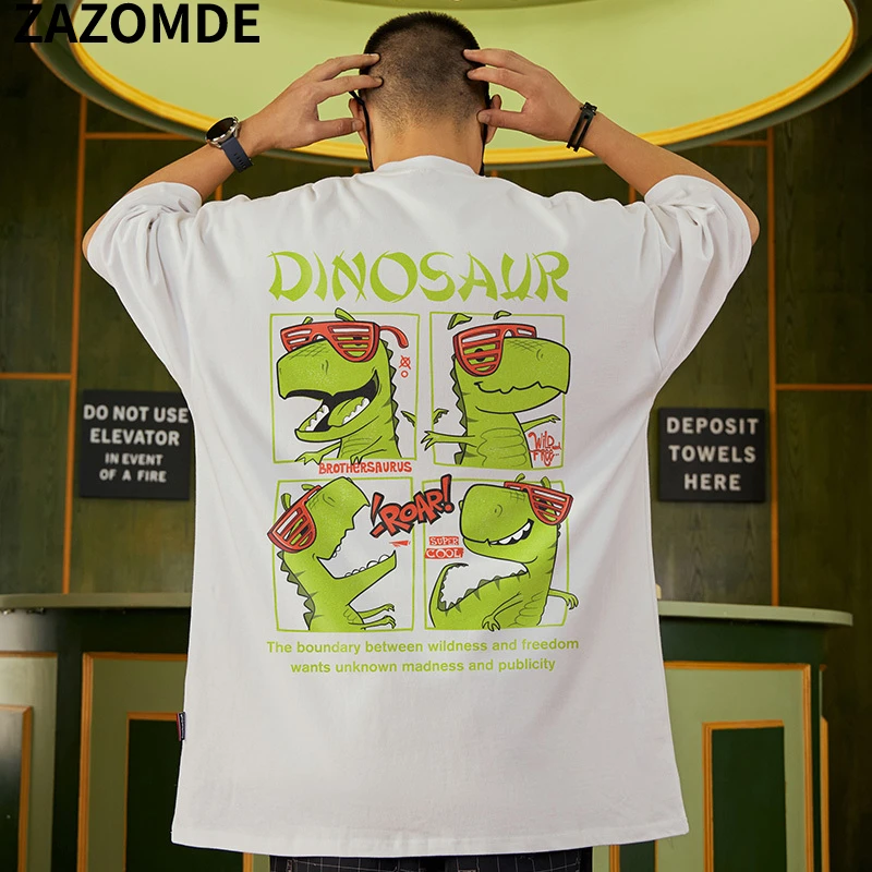 

ZAZOMDE Summer Cotton Dinosaur Print T-shirt Men Fashion Brand High Street Loose Oversize Short Sleeve Streetwear Couple Tees
