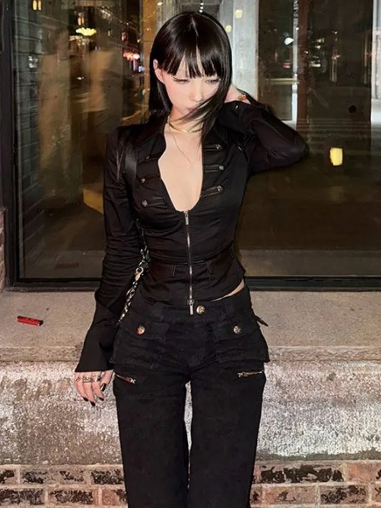 Y2k эстетичная женская черная пикантная блузка приталенная гранж двойная молния