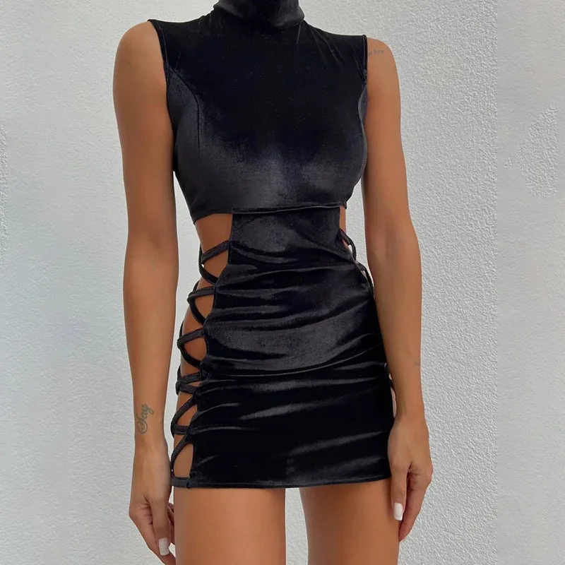 

Весеннее однотонное облегающее бархатное вечернее платье с высоким воротом, женское сексуальное облегающее ажурное платье с боковым перек...