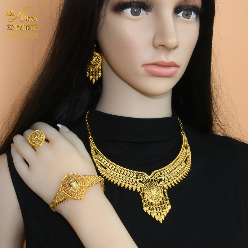 ANIID-Conjunto de joyería India bañada en oro de 24K de Dubái, joyería etíope, collar y pendientes, anillo nigeriano, conjunto de regalo nupcial africano
