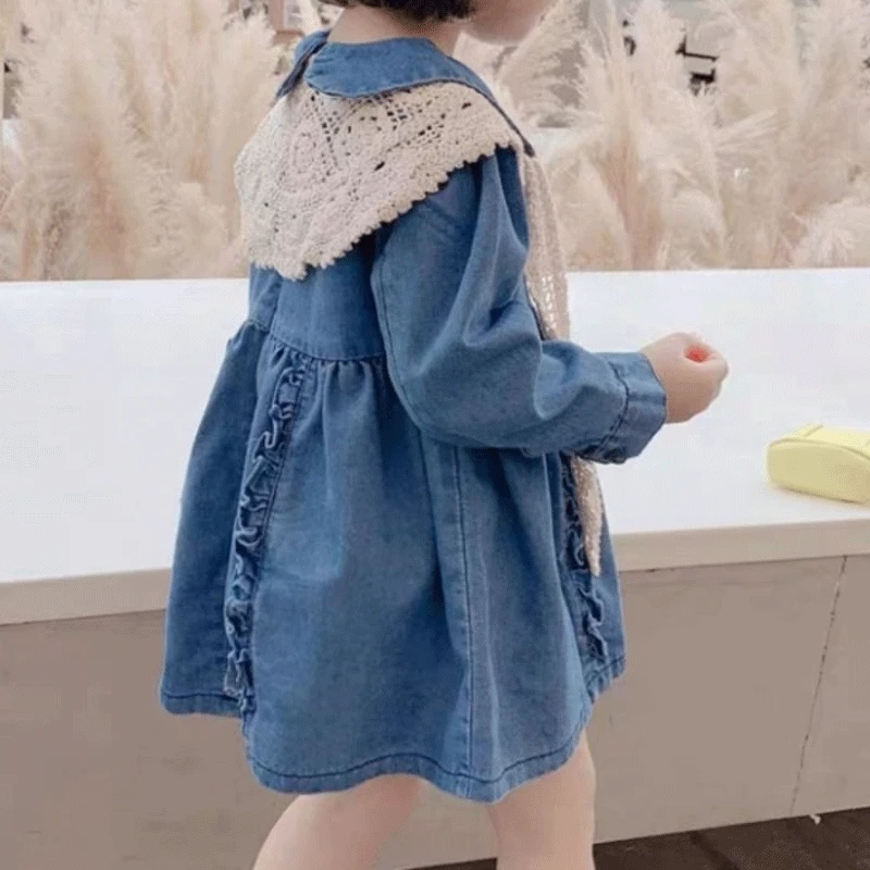 

Длинное весеннее Повседневное платье принцессы 2023 корейская мода цветное джинсовое платье средней длины с воротником и рукавами для девочек новинка длинное однотонное