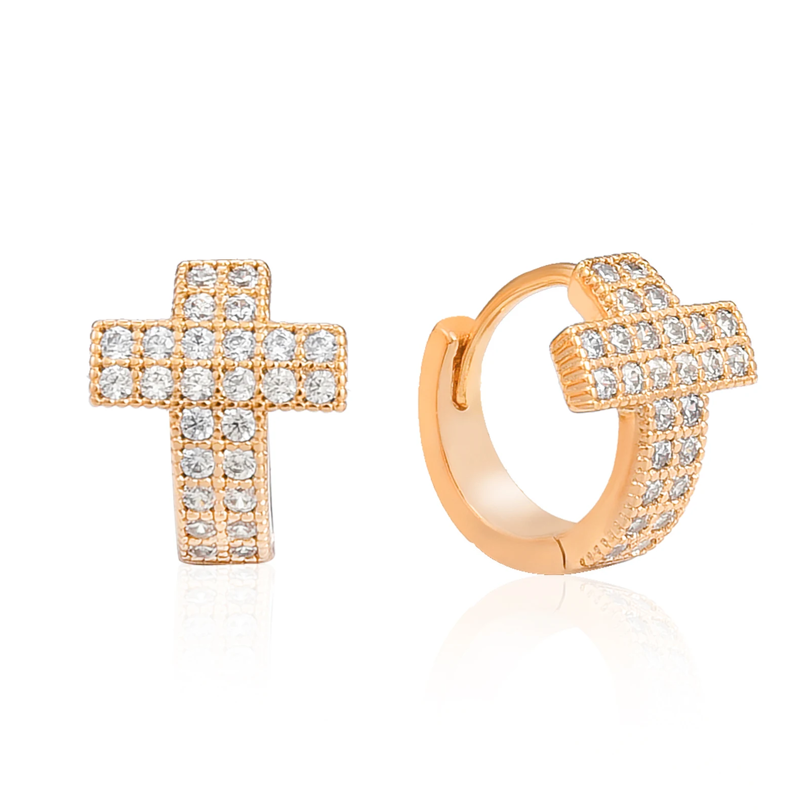 

Hanreshe Cross Hoop Ear Buckle Trendy Hiphop Jewelry Party 585 Rose Gold Color Circle Small Crystal Copper Earrings Woman Gift