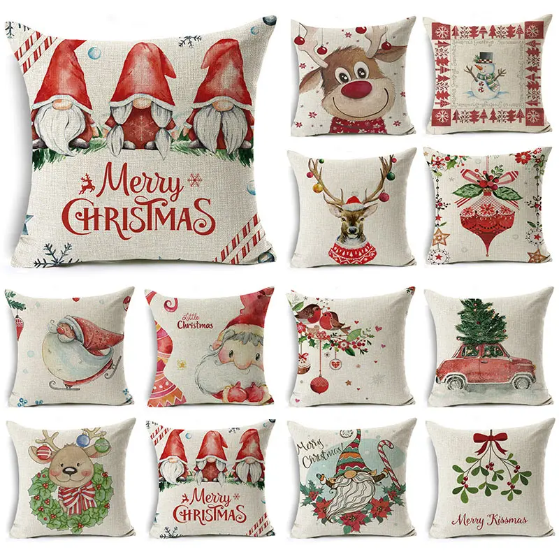 

Christmas Decor Pillow Cover 45x45cm Winter Farmhouse Home Decorative Cushion Cover Cute Dwarf with Elk Printed Linen Pillowcase