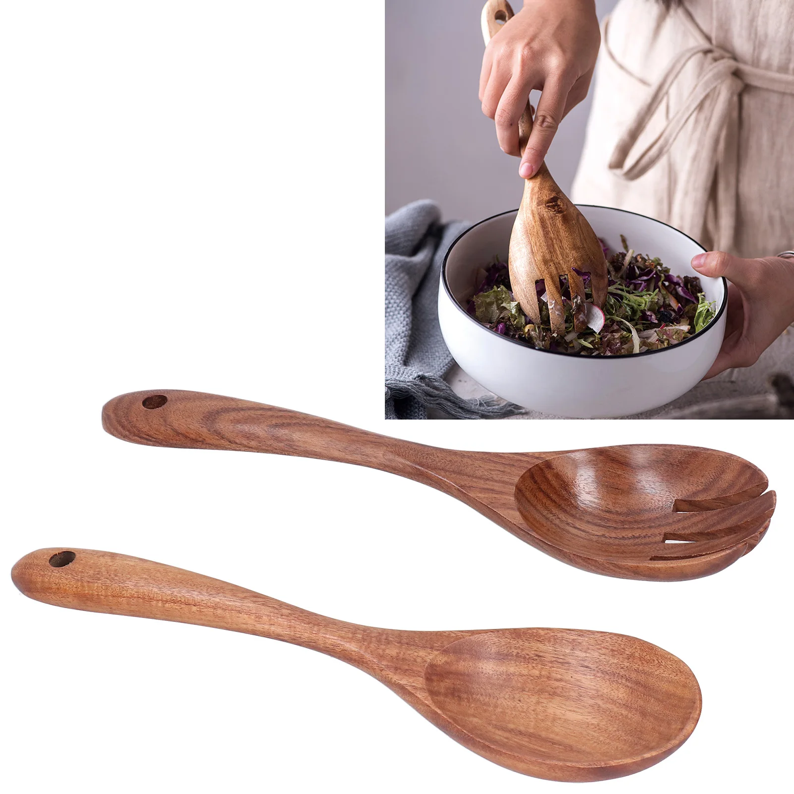 Acacia Wood Fork And Spoon Set Salad Toss And Mix Servers Cooking Spoon Spork Set