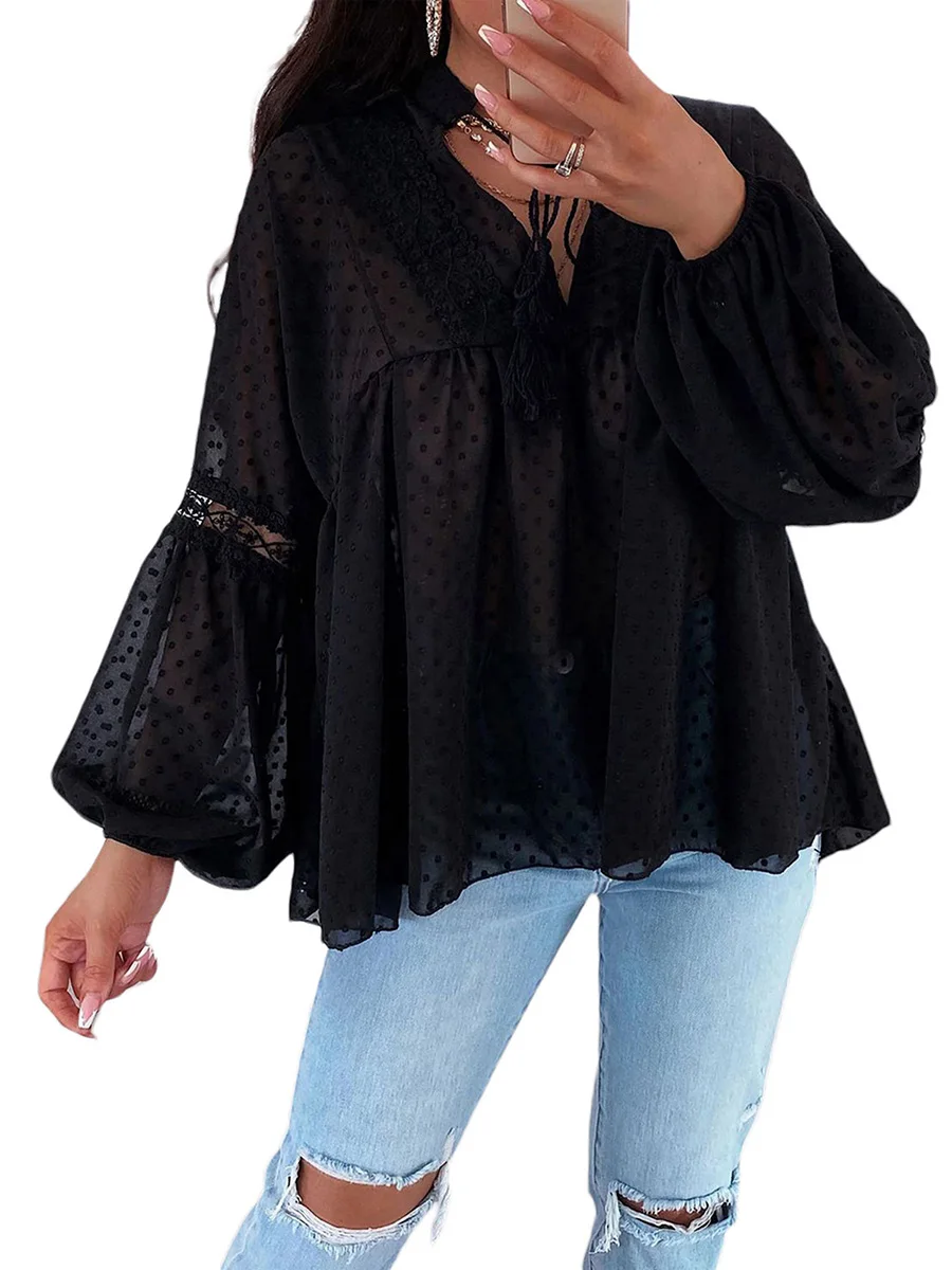 

Women s Elegant Chiffon V Neck Shirt Long Sleeve Casual Pom Pom Shirt Swiss Dot Loose Babydoll Top