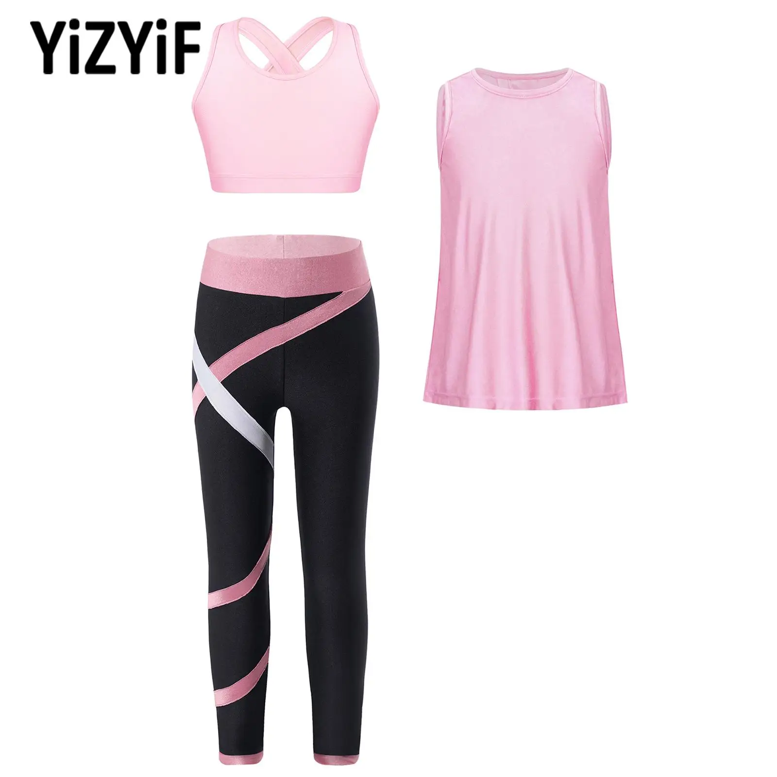 

Детский спортивный комплект для йоги для девочек, одежда для фитнеса и бега, спортивная одежда, 3 предмета, топы без рукавов с искусственными...