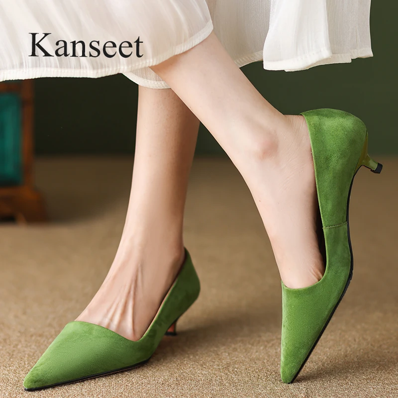 

Женские замшевые туфли-лодочки Kanseet, зеленые вечерние Фли-лодочки ручной работы с острым носком, без застежки, на среднем каблуке, весна 2023