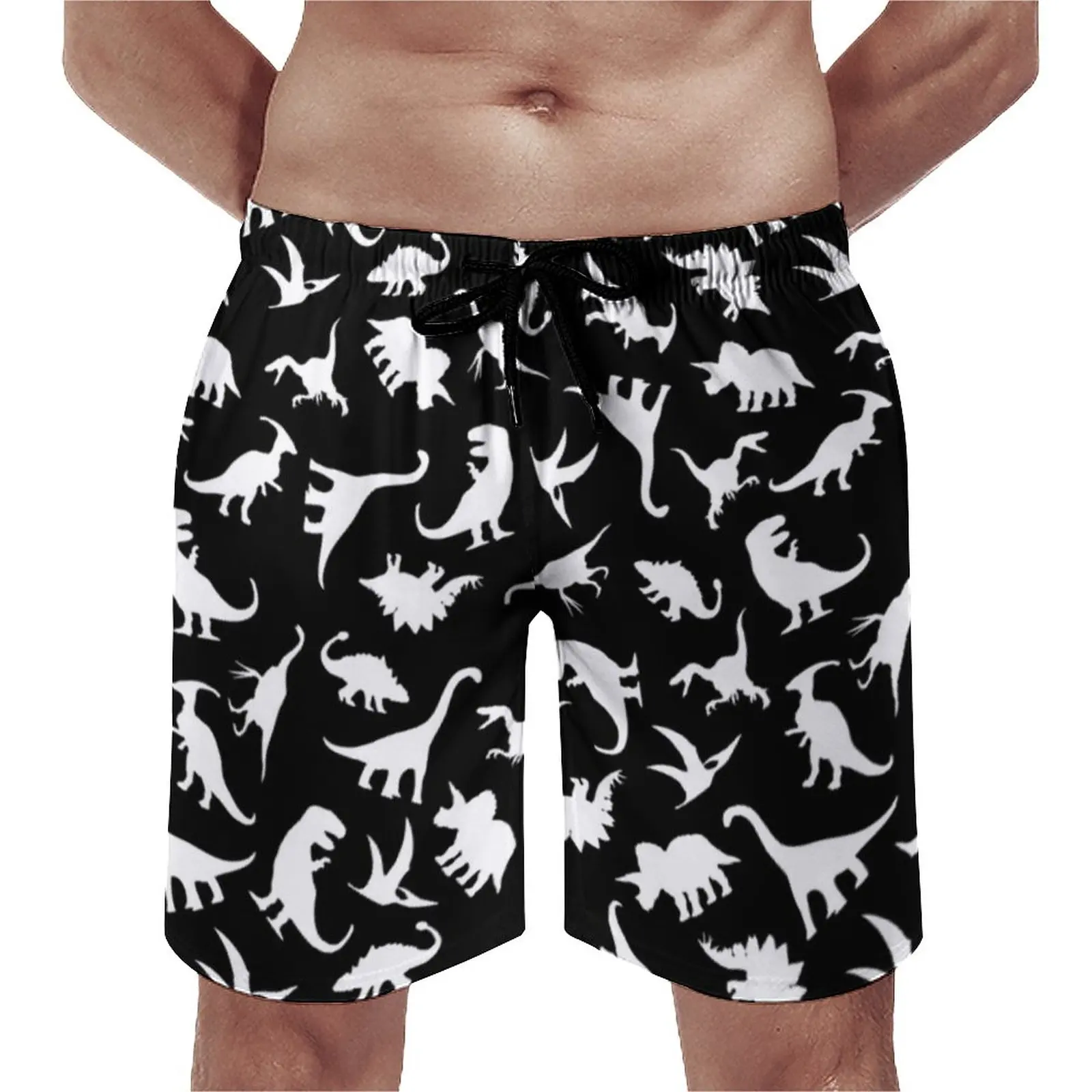 

White Dinosaurs Board Shorts Summer Fun Cartoon Dino Graphic Hawaii Beach Short Pants Man Running Surf Fast Dry Swim Trunks