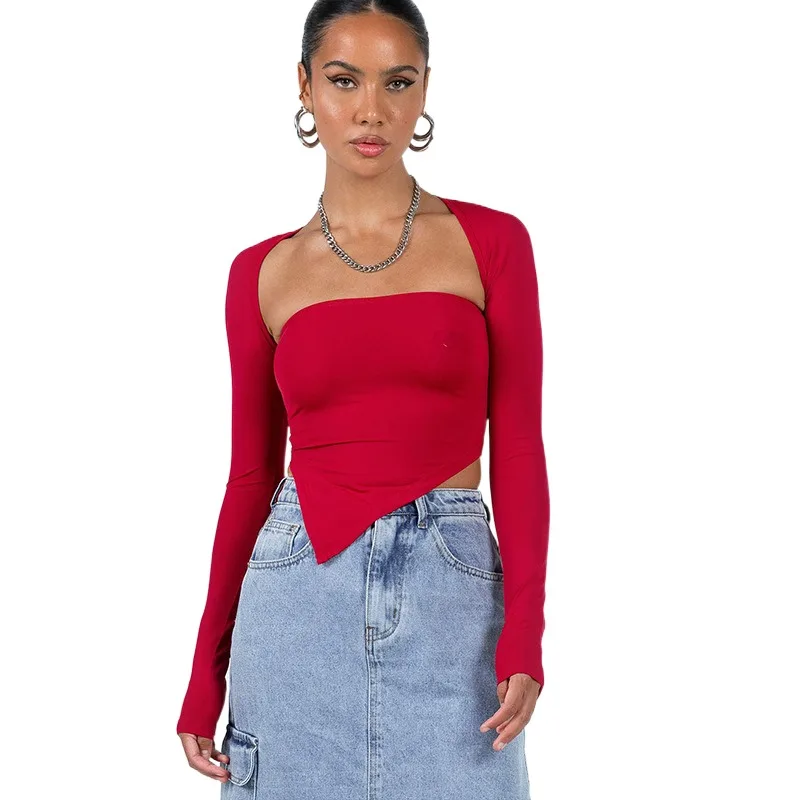 European And American Style Women's Summer New Clean Color Long Sleeved Shawl One Shoulder Wrap Chest Hot Girl Top