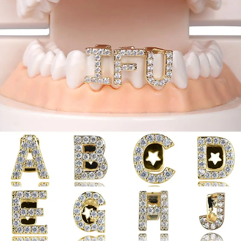1pc 26 Letters Alphabet Diamond Braces Single Tooth Cap Hip-hop Teeth Cover Rock Crystal Teeth Gems Case Cosplay Jewelry