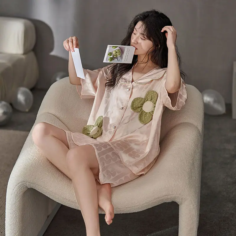 Fashion Women Pajamas Set Short Sleeve Shorts Thin Imitation Silk Sleep Top Summer Three-dimensional Flowers Korean Cheap New