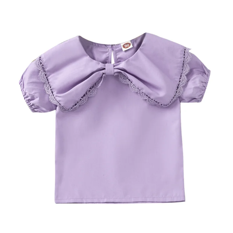 

2022 New Girls Sweet Doll Collar Shirts Summer Puffed Sleeves Blouse Child Solid Tops 2-7 Years