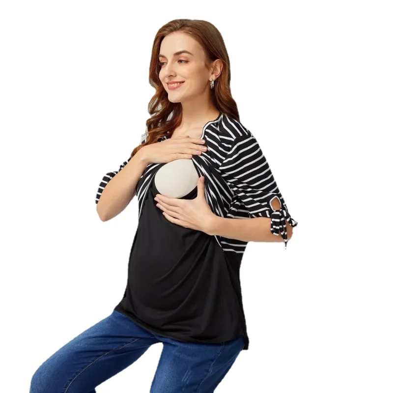 Enlarge New Summer Women Nursing Tops Breastfeeding  Maternity Clothes Fashion Casual Cotton Striped Patchwork O-Neck Pregnant Clothes