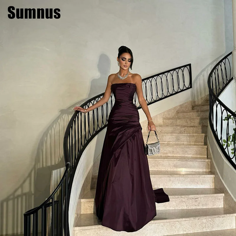 Фото Sumnus Элегантное платье трапециевидной формы для выпускного вечера без бретелек без рукавов со складками длиной до пола, вечерние платья по индивидуальному заказу №1