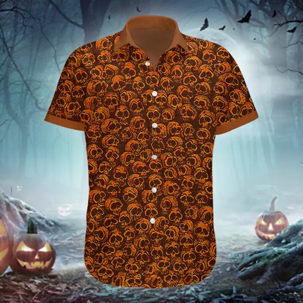 PLstar Cosmos Skull Pattern Черно-белая мужская гавайская рубашка с 3D принтом на Хэллоуин