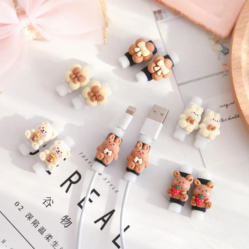 2pc Milk Coffee Color Data Cable Protective Sleeve Cute Cartoon Mobile Phone Charging Cable Anti-break Protector Headphone Cable