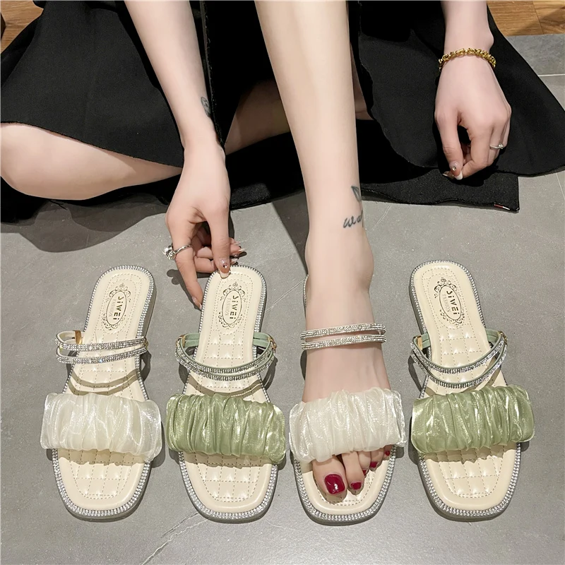 

Slippers Casual Shoes Woman 2022 Glitter Slides Pantofle Beige Heeled Sandals Low Luxury Rubber Soft Flat Jelly New Summer