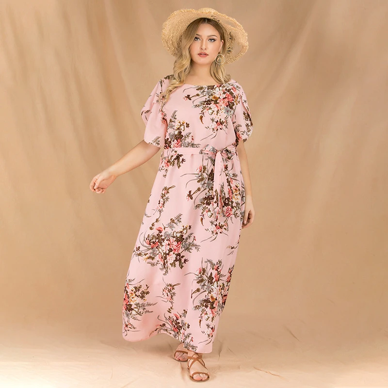 Chiffon Plus Size Dresses Summer Round Neck Flared Sleeves Floral Women Clothing Ruffled Waist Trimming Print Large Swing Skirts