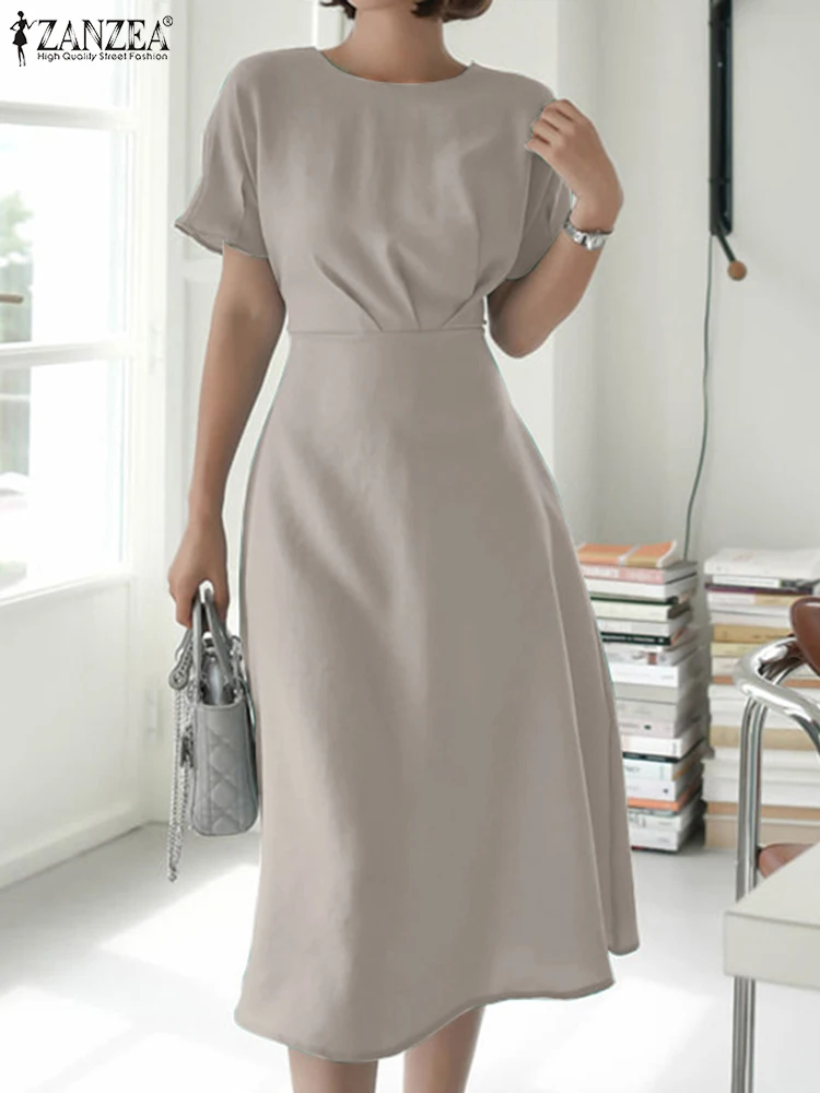 

Модный однотонный офисный сарафан ZANZEA с коротким рукавом, элегантное женское платье миди, летнее повседневное ТРАПЕЦИЕВИДНОЕ праздвечерни...