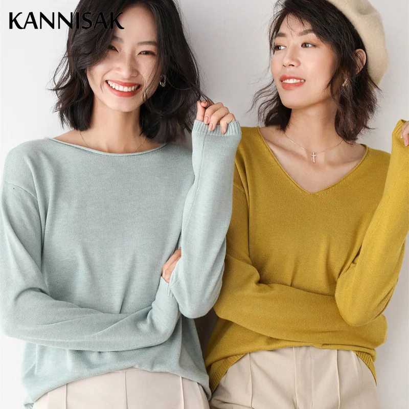 

2023 Spring Autumn Womens Sweater Solid Knitwear Korean Loose Female Basic Casual Jumpers Stretch Pullover Sky Blue Pink Sweater