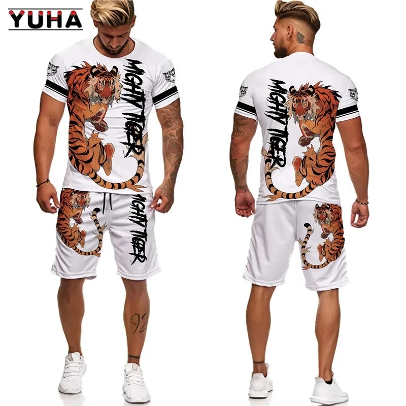 YUHA-Camiseta y pantalones cortos с 3D принтом тигра Кинг для мужчин и женщин костюм унисекс топы