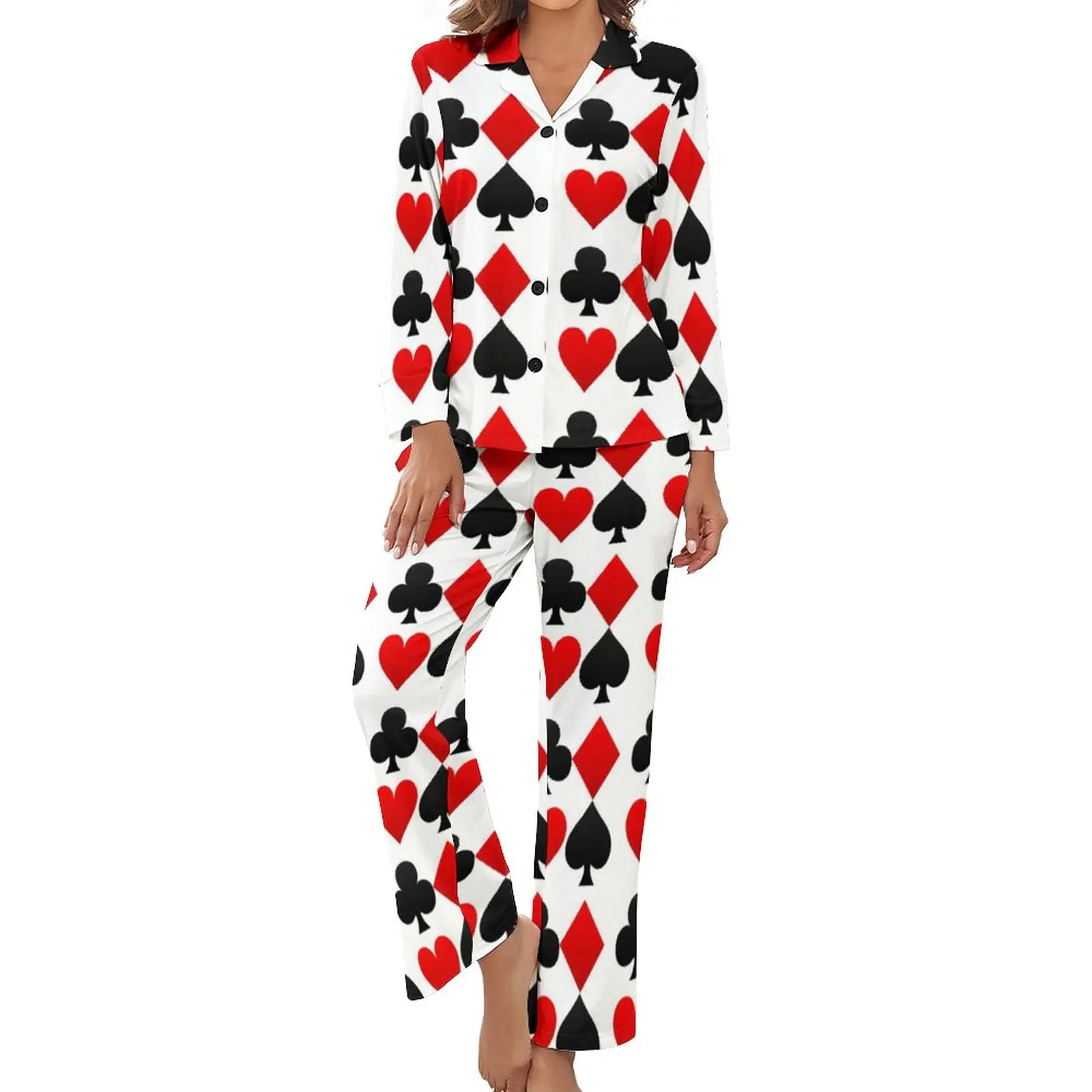 

Playing Poker Card Pajamas Hearts Diamonds Clubs Spades Bedroom V Neck Home Suit Two Piece Print Long-Sleeve Cute Pajama Sets