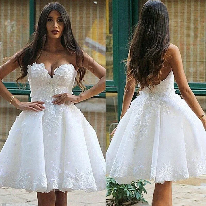 

Charming and Cute White Short Wedding Dress Simple A-Line Sweetheart Neck Lace Floral Wedding Party Dress
