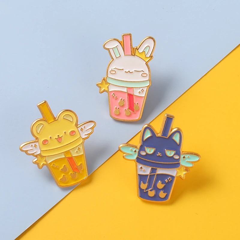 

New Product Cartoon Cute Cat Milk Tea Cup Design Metal Paint Brooch Creative Fashion Animal Badge Pin Men Women Jewelry Gifts