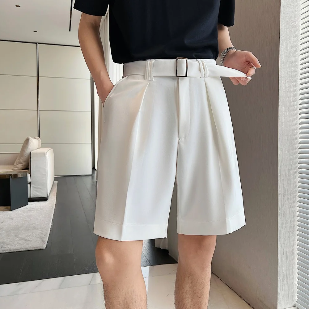 

2022 Summer New Men's Casual Shorts Solid Color Loose Suit Shorts Belt Adornment Street Wear Social Pants Men Clothing