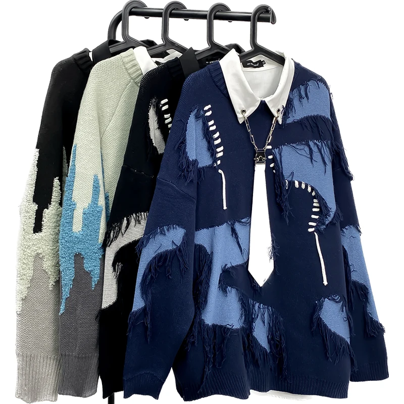 Harajuku Irregular Destroyed Edge Tassels Knitted Pullovers Vintage Unisex Slouchy Patch Patchwork Jacquard Baggy Sweater Casual