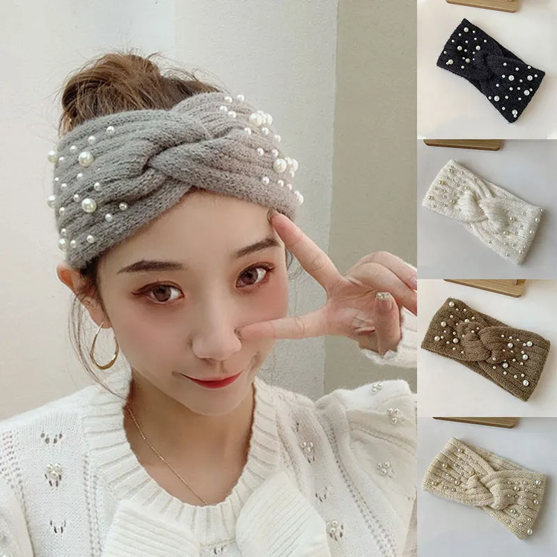 

Handmade Shining Pearls Rhinestone Ornament Hairband Women Middle Knot Turban Hair Accessories Pure Color Pearl Headband