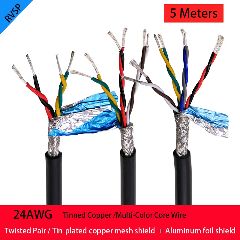 

5Meters RVSP Black Cable 24AWG 2/4/6/8 Core RS485 Signal Control Line Twisted Shielded Tin-Plated Copper Wire Audio Cable DIY