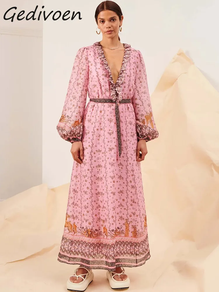 

Модельное платье Gedivoen с винтажным принтом для женщин, приталенное длинное платье с глубоким V-образным вырезом, длинным рукавом и оборками, Присборенная Талия