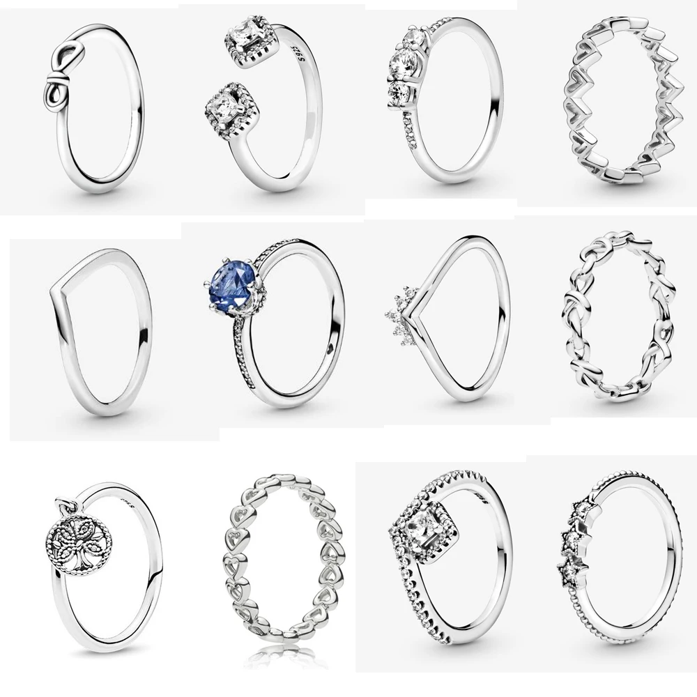 New Women 925 Sterling Silver Rings Original Jewelry Crown Heart Rhombus Engagement Wedding Rose Gold Crystal Ring