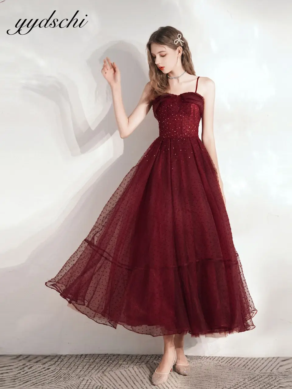 

Elegant Burgundy Long A-Line Dot Tulle Prom Dresses Spaghetti Straps Sweetheart Glitter Lace Sequined Evening Banquet Party Gown